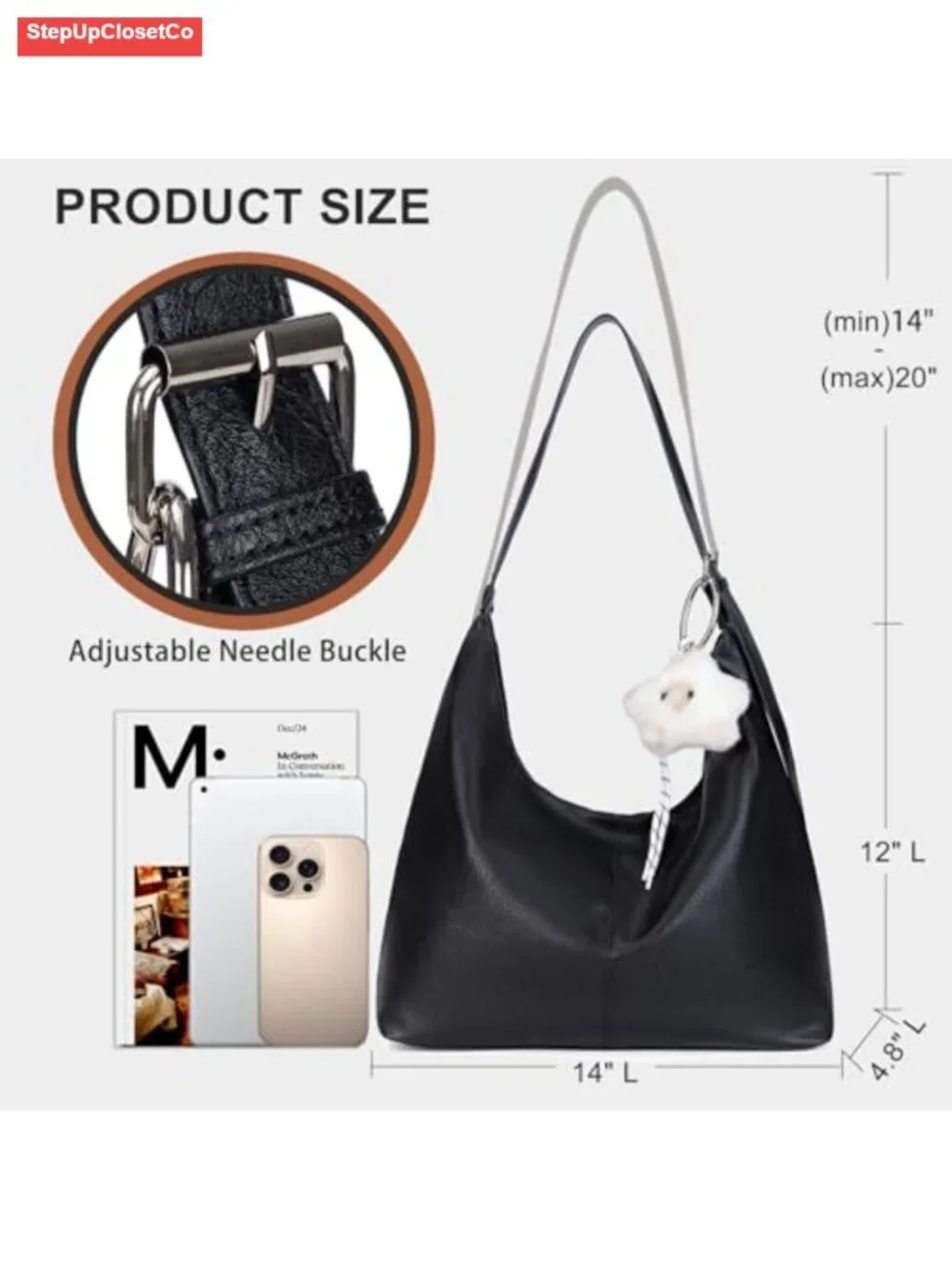 Slouchy Vegan Leather Hobo Bag with Zipper Crossbody Tote for Work Travel